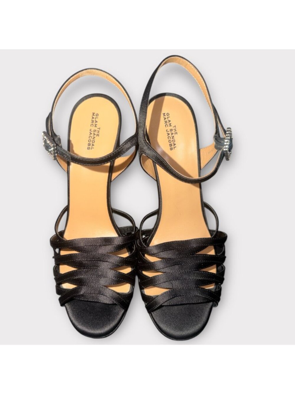 Marc Jacobs The Gram Sandal Women 8.5 Black Satin Crystal Formal Heel Platform - Picture 3 of 12